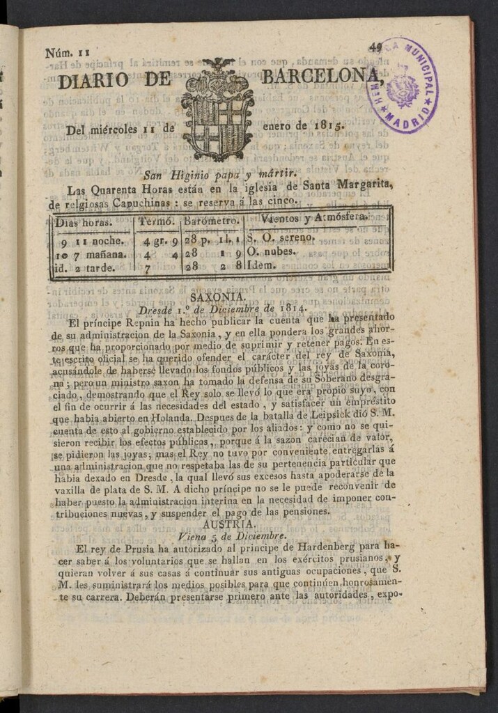 Miniatura de Diario de Barcelona del 11 de enero de 1815, nº 11