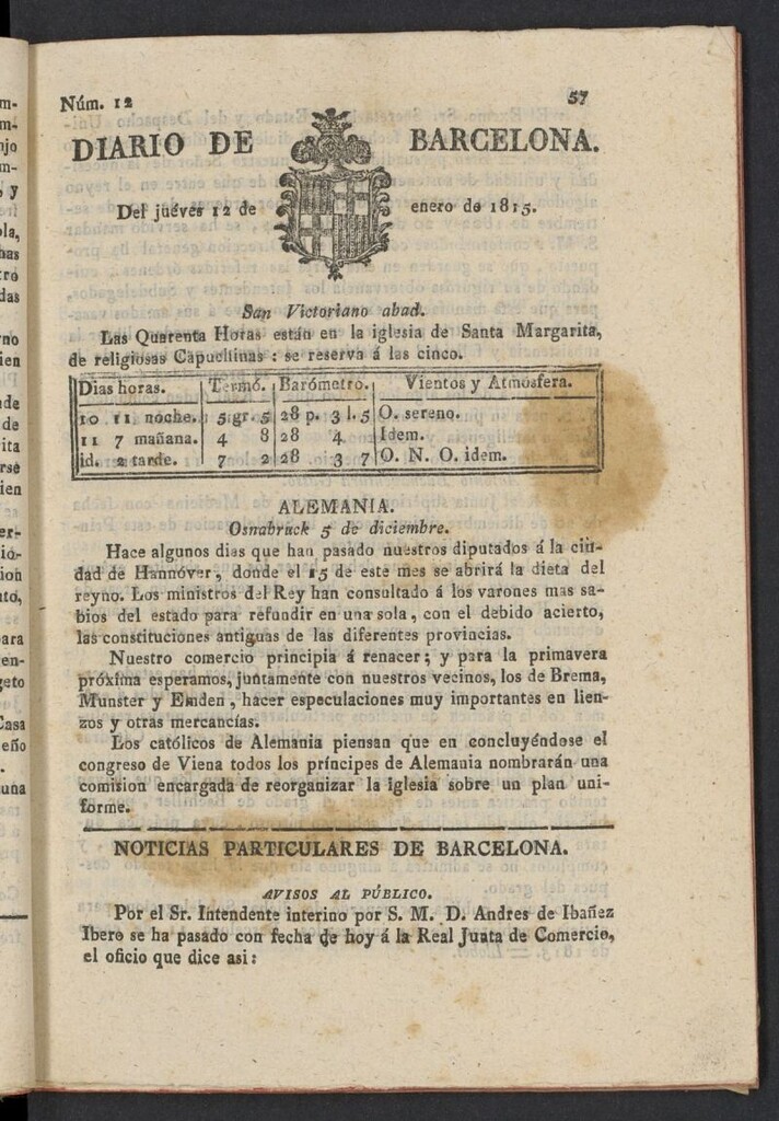 Miniatura de Diario de Barcelona del 12 de enero de 1815, nº 12