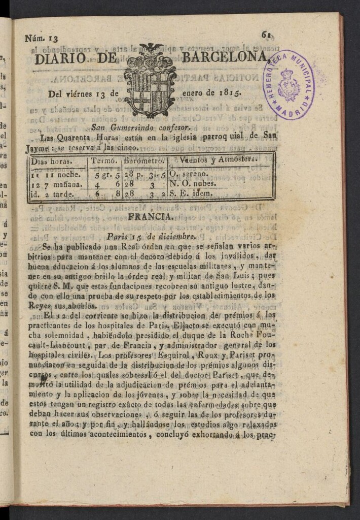 Miniatura de Diario de Barcelona del 13 de enero de 1815, nº 13
