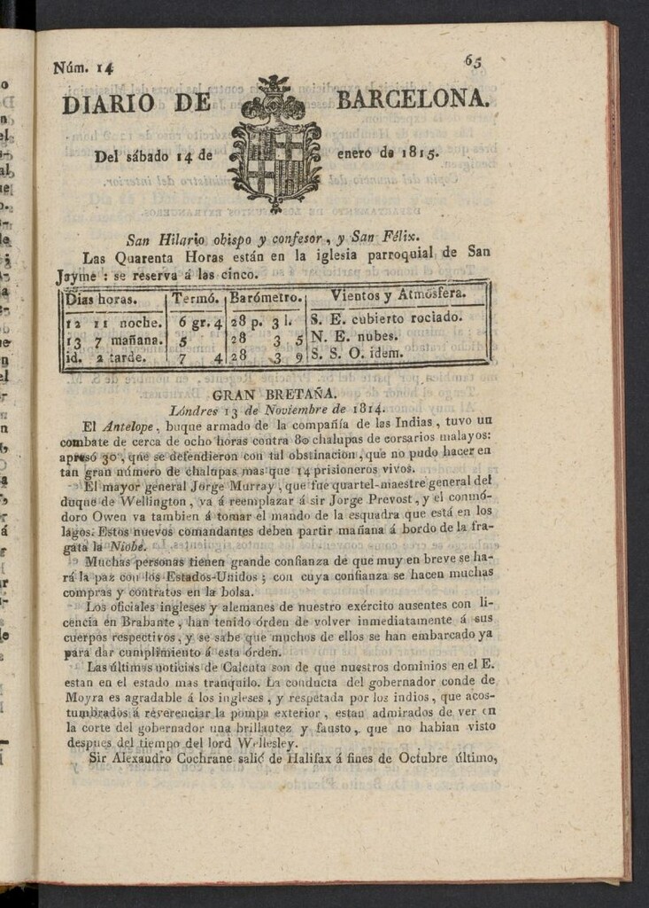 Miniatura de Diario de Barcelona del 14 de enero de 1815, nº 14