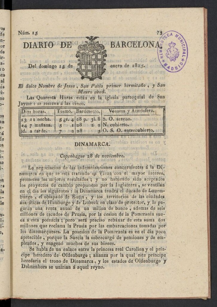 Miniatura de Diario de Barcelona del 15 de enero de 1815, nº 15
