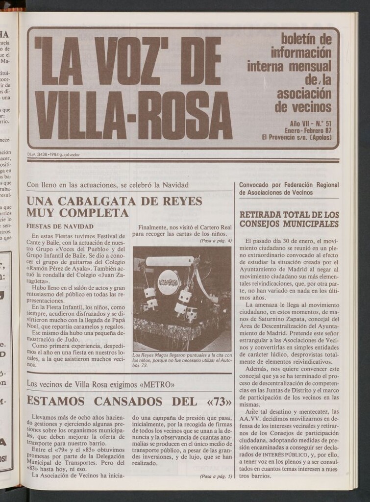 Miniatura de La Voz de Villa-Rosa: boletín informativo mensual de la asociación de vecinos, nº 51 de enero-febrero de 1987
