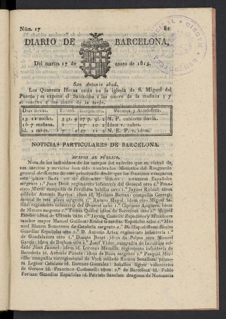 Miniatura de Diario de Barcelona del 17 de enero de 1815, nº 17