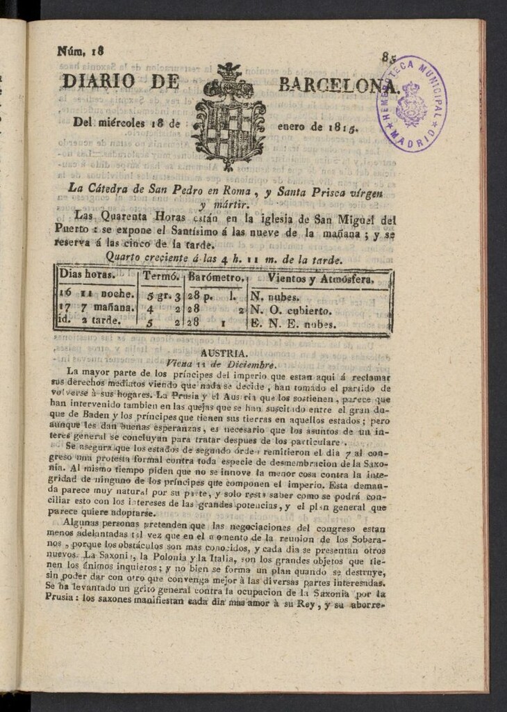 Miniatura de Diario de Barcelona del 18 de enero de 1815, nº 18