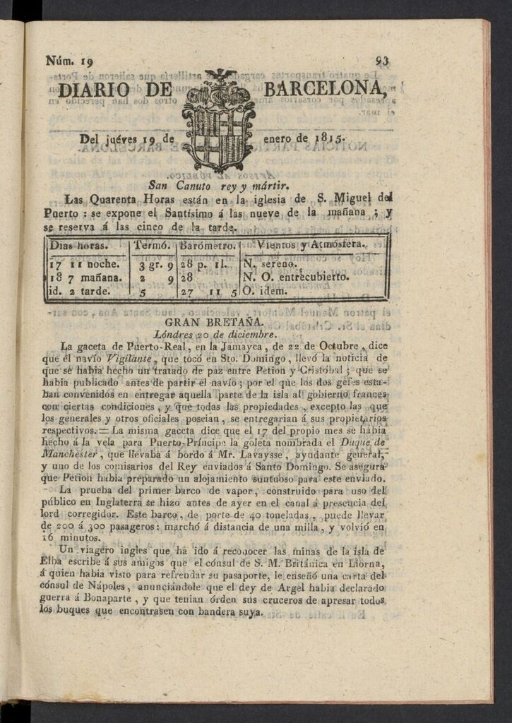 Miniatura de Diario de Barcelona del 19 de enero de 1815, nº 19
