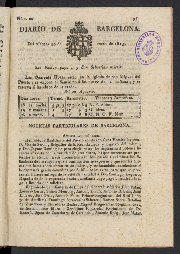 Miniatura de Diario de Barcelona del 20 de enero de 1815, nº 20