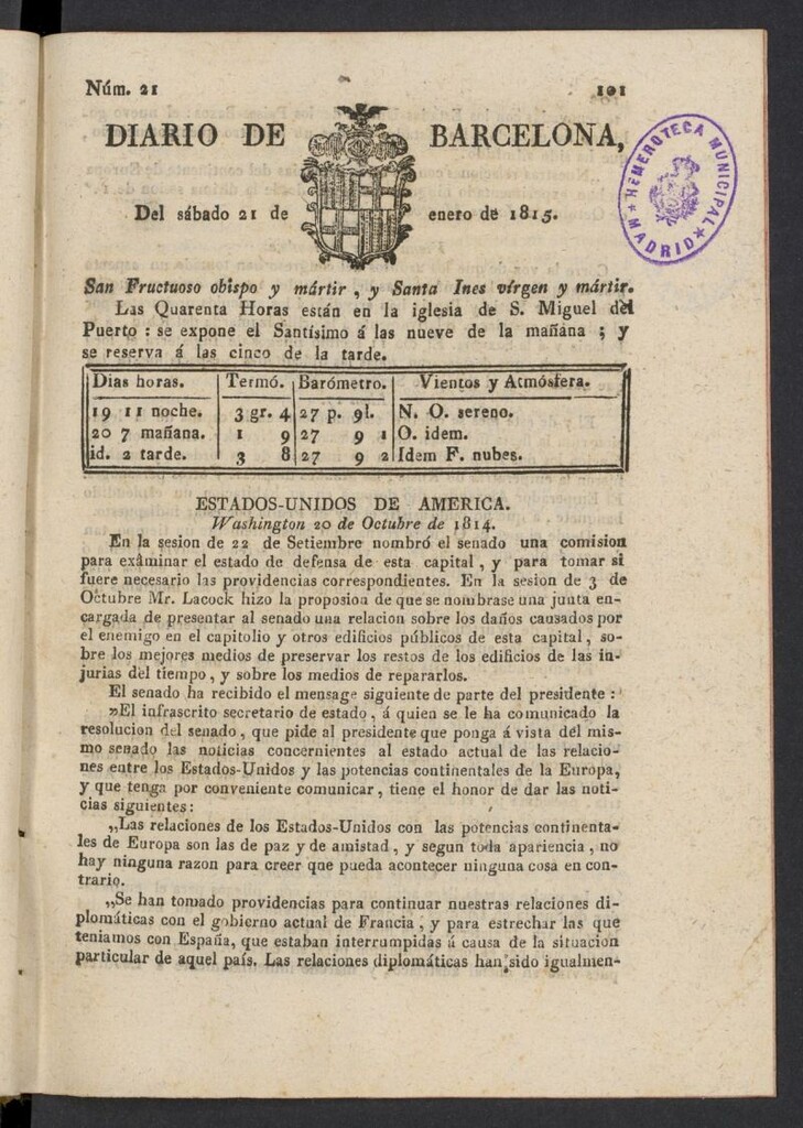 Miniatura de Diario de Barcelona del 21 de enero de 1815, nº 21