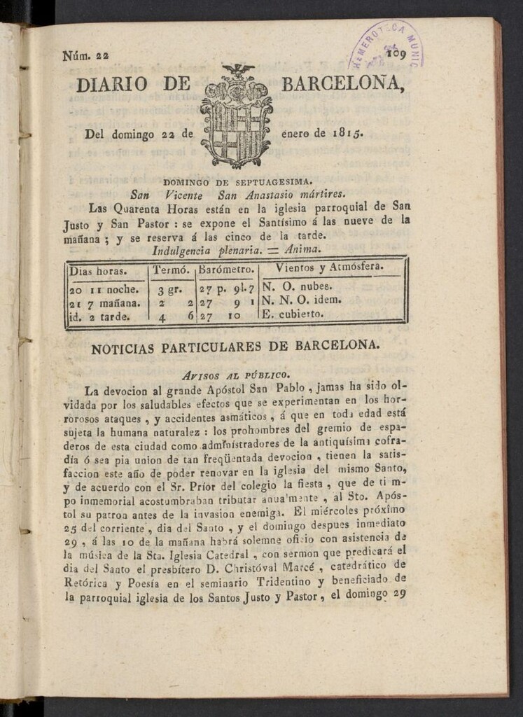 Miniatura de Diario de Barcelona del 22 de enero de 1815, nº 22