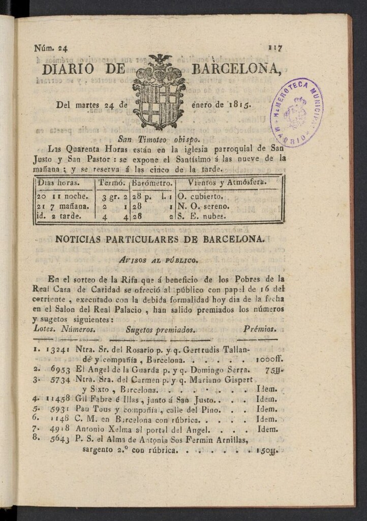 Miniatura de Diario de Barcelona del 24 de enero de 1815, nº 24