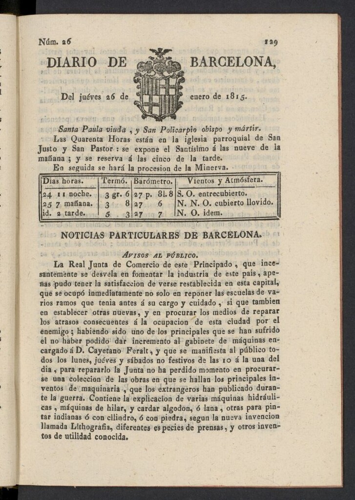 Miniatura de Diario de Barcelona del 26 de enero de 1815, nº 26