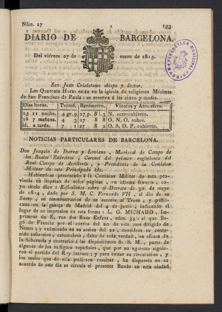 Miniatura de Diario de Barcelona del 27 de enero de 1815, nº 27