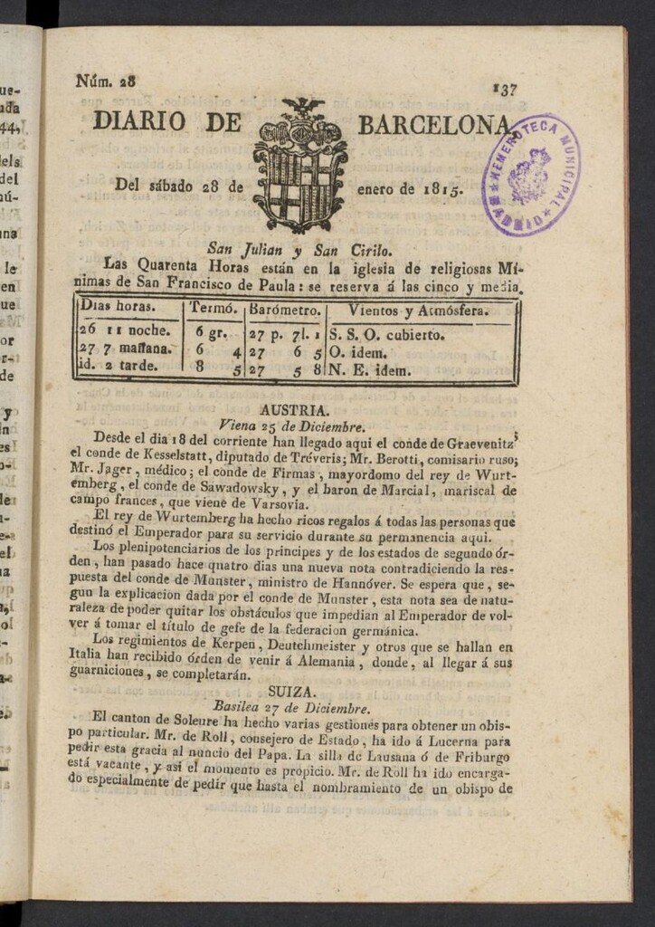 Miniatura de Diario de Barcelona del 28 de enero de 1815, nº 28