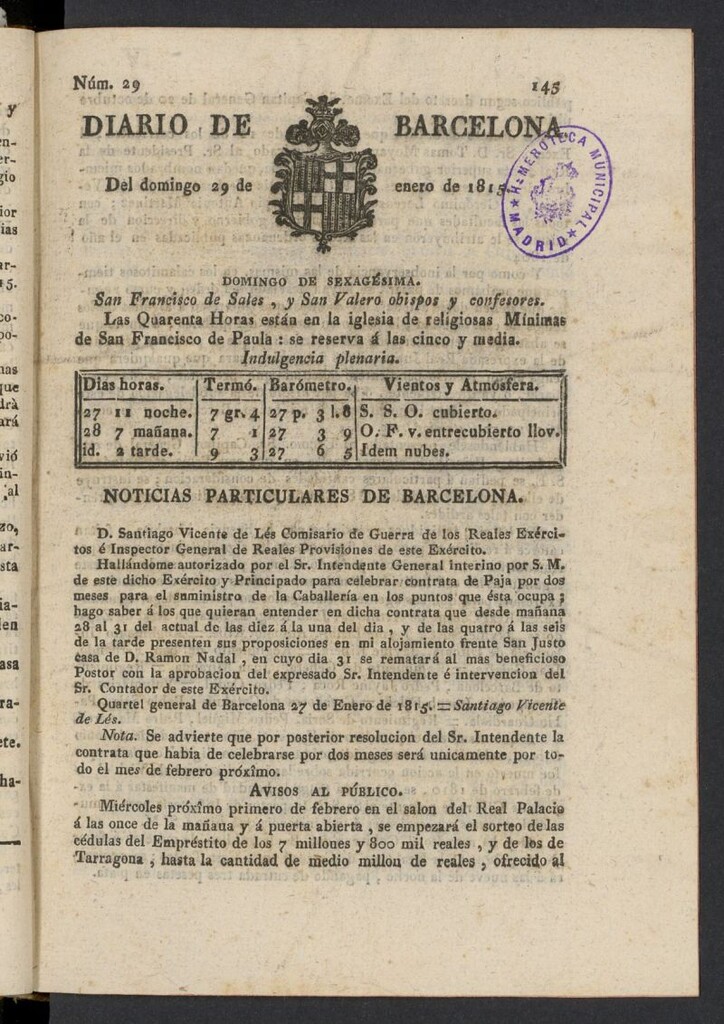 Miniatura de Diario de Barcelona del 29 de enero de 1815, nº 29
