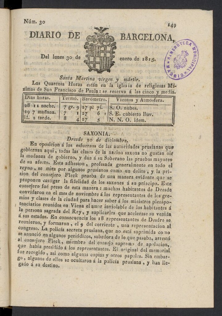 Miniatura de Diario de Barcelona del 30 de enero de 1815, nº 30