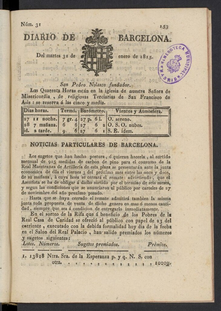 Miniatura de Diario de Barcelona del 31 de enero de 1815, nº 31