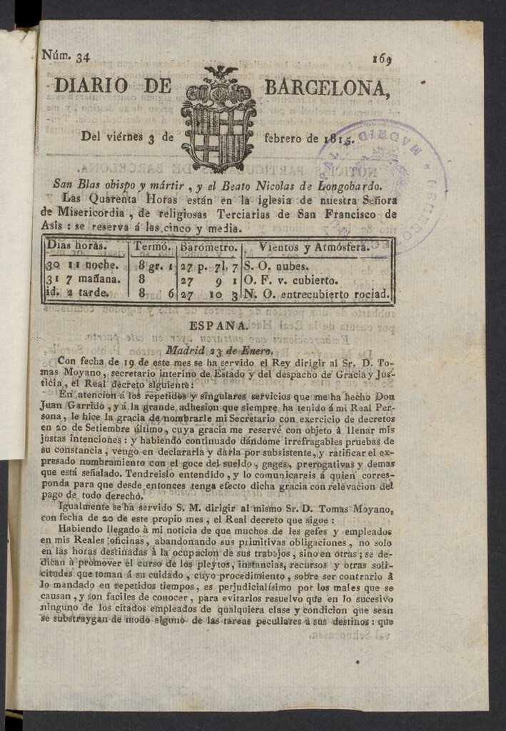 Miniatura de Diario de Barcelona del 3 de febrero de 1815, nº 34