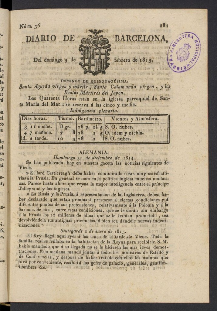 Miniatura de Diario de Barcelona del 5 de febrero de 1815, nº 36