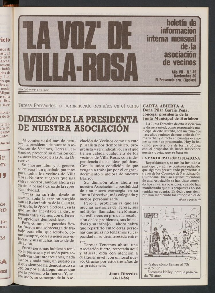 Miniatura de La Voz de Villa-Rosa: boletín informativo mensual de la asociación de vecinos, nº 49 de noviembre de 1986