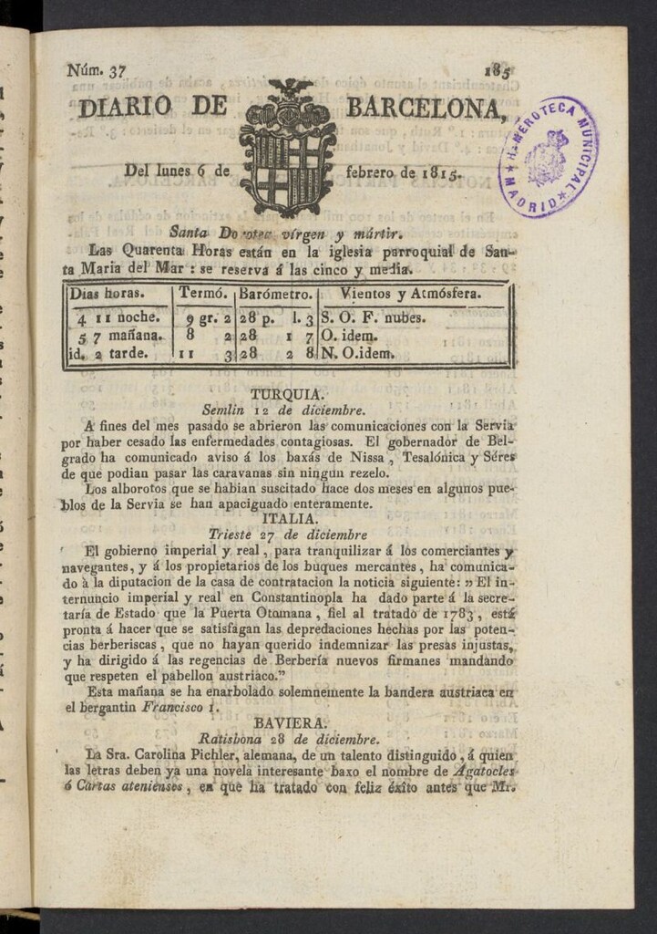 Miniatura de Diario de Barcelona del 6 de febrero de 1815, nº 37