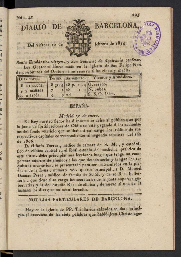 Miniatura de Diario de Barcelona del 10 de febrero de 1815, nº 41