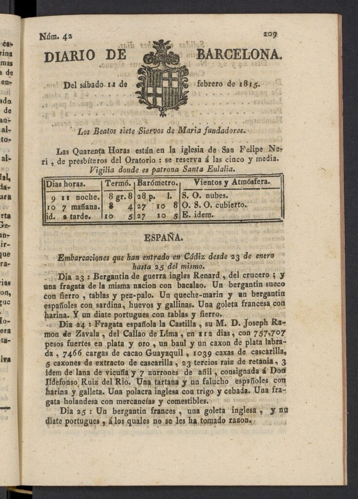 Miniatura de Diario de Barcelona del 11 de febrero de 1815, nº 42