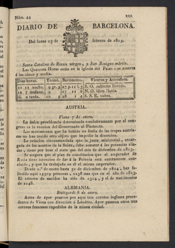 Miniatura de Diario de Barcelona del 13 de febrero de 1815, nº 44
