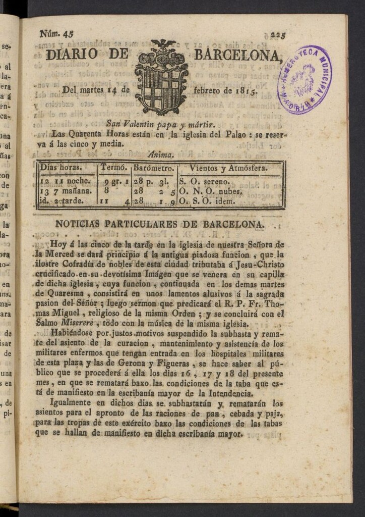 Miniatura de Diario de Barcelona del 14 de febrero de 1815, nº 45