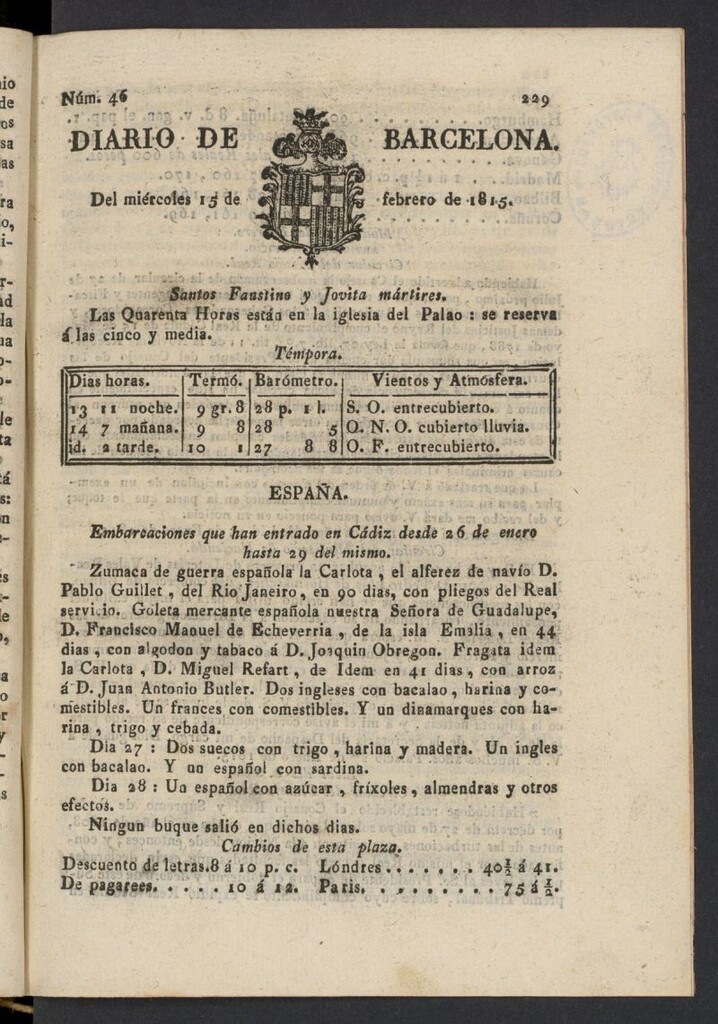 Miniatura de Diario de Barcelona del 15 de febrero de 1815, nº 46