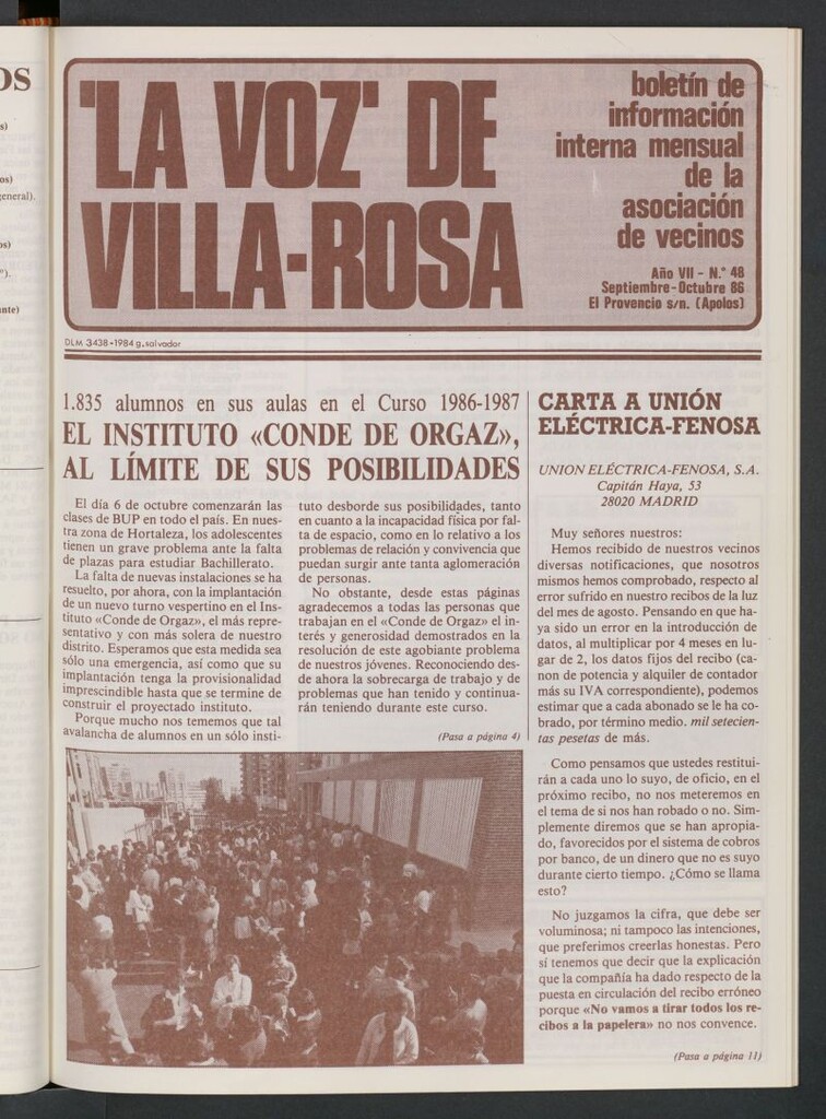 Miniatura de La Voz de Villa-Rosa: boletín informativo mensual de la asociación de vecinos, nº 48 de septiembre-octubre de 1986