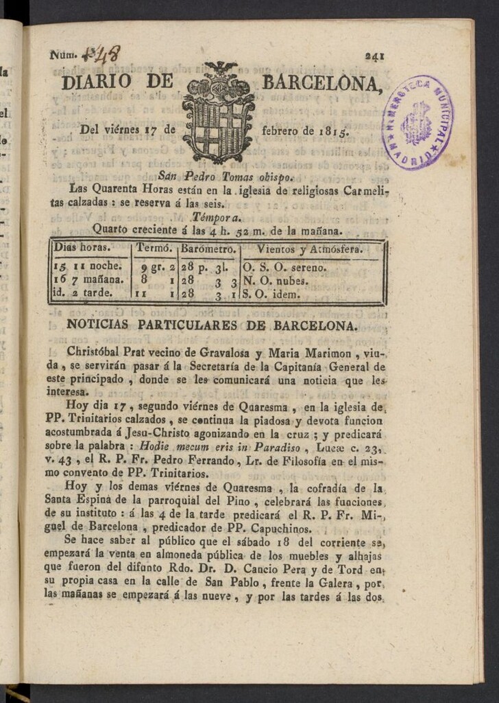 Miniatura de Diario de Barcelona del 17 de febrero de 1815, nº 48