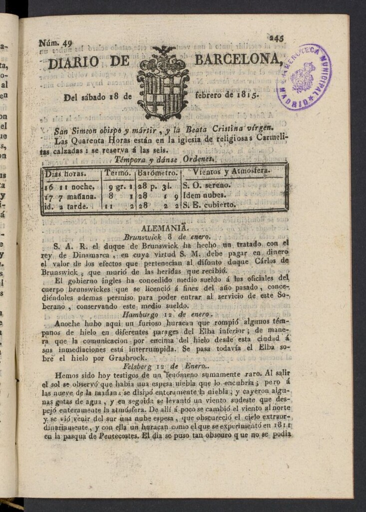 Miniatura de Diario de Barcelona del 18 de febrero de 1815, nº 49