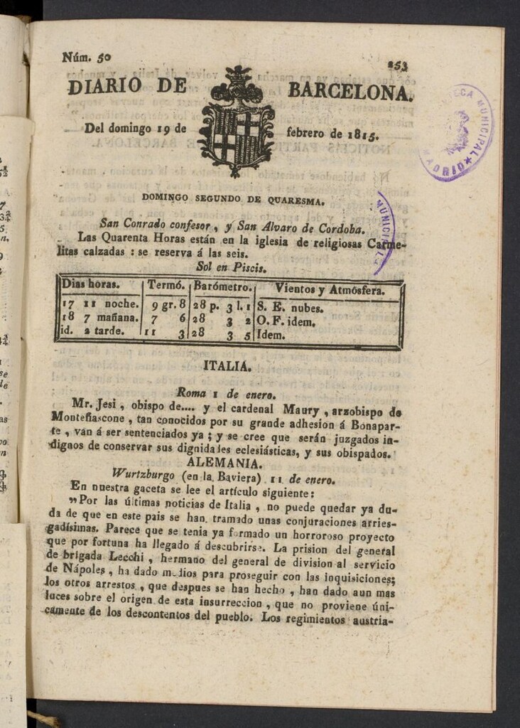 Miniatura de Diario de Barcelona del 19 de febrero de 1815, nº 50