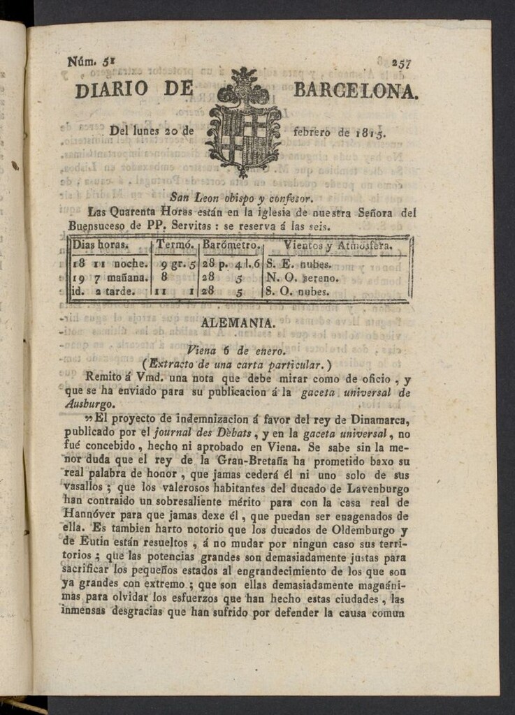 Miniatura de Diario de Barcelona del 20 de febrero de 1815, nº 51