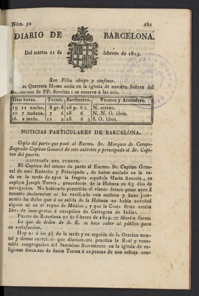 Miniatura de Diario de Barcelona del 21 de febrero de 1815, nº 52