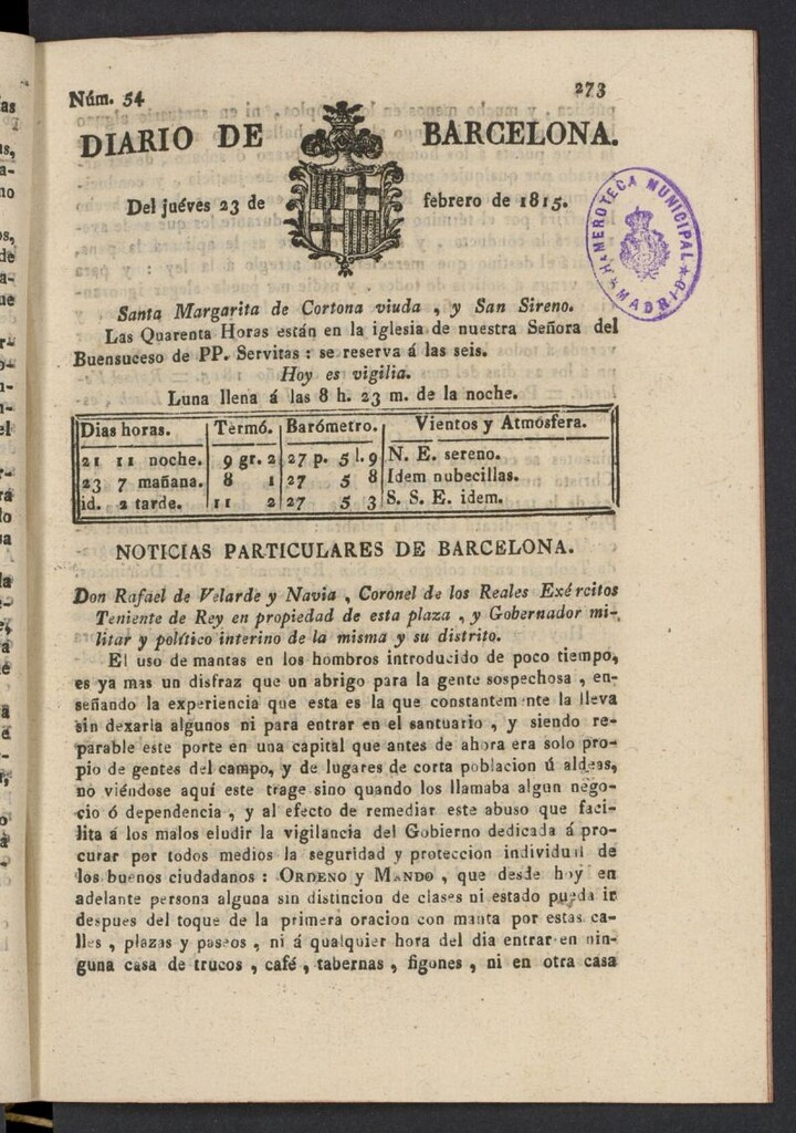 Miniatura de Diario de Barcelona del 23 de febrero de 1815, nº 54