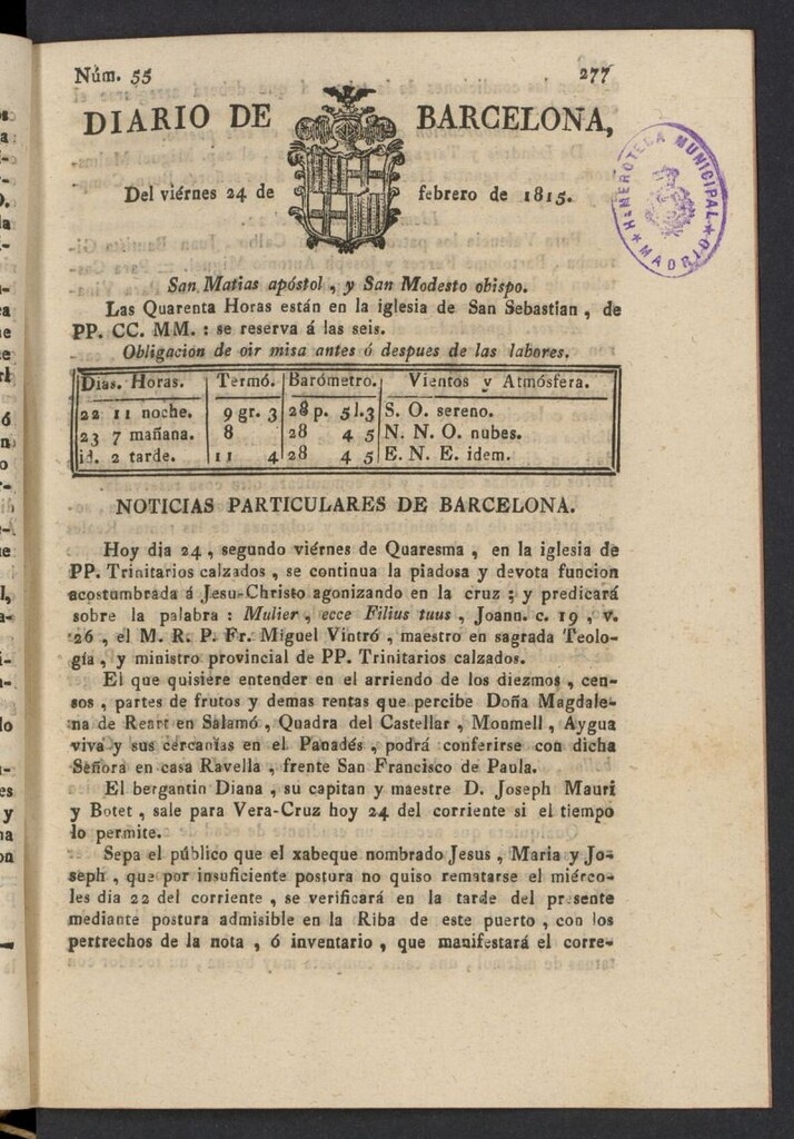 Miniatura de Diario de Barcelona del 24 de febrero de 1815, nº 55