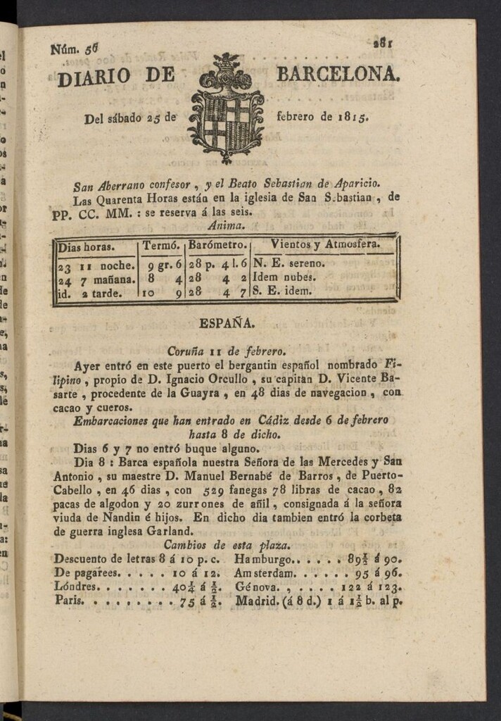 Miniatura de Diario de Barcelona del 25 de febrero de 1815, nº 56