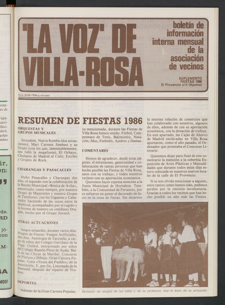 Miniatura de La Voz de Villa-Rosa: boletín informativo mensual de la asociación de vecinos de 1986. Suplemento fiestas