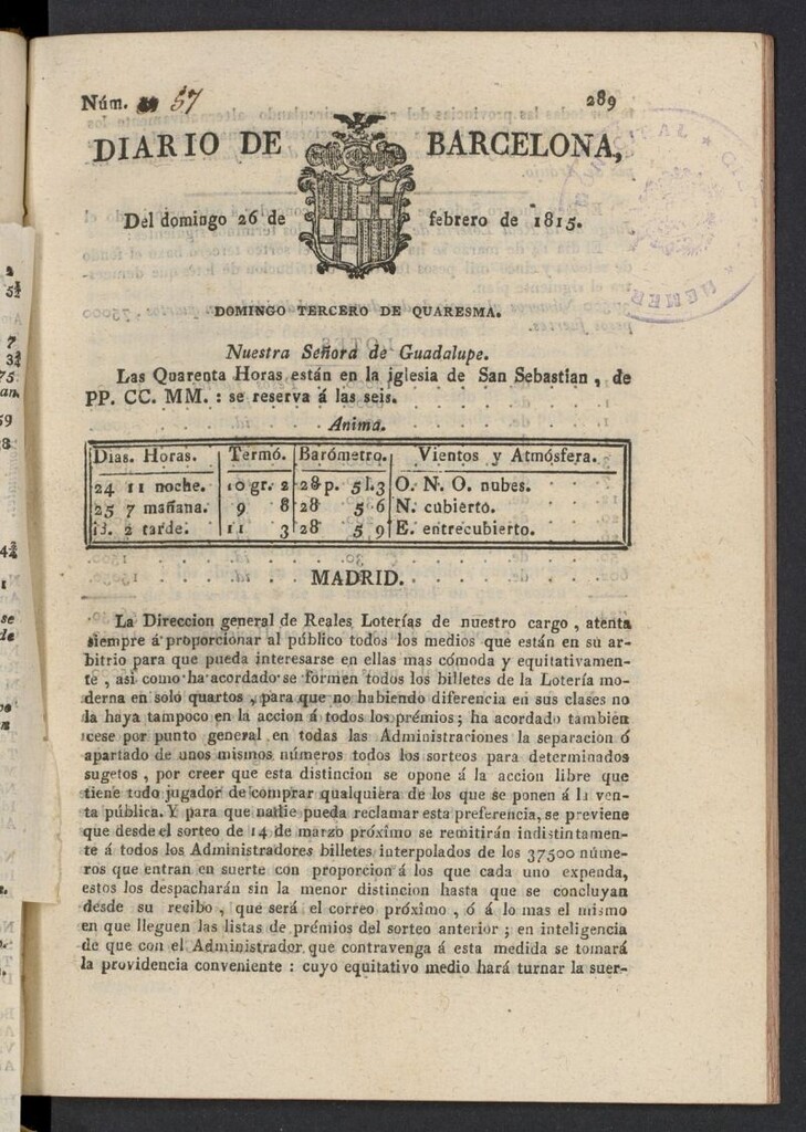 Miniatura de Diario de Barcelona del 26 de febrero de 1815, nº 57