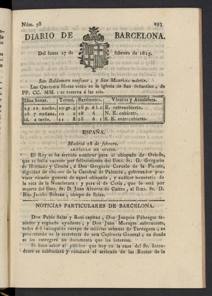 Miniatura de Diario de Barcelona del 27 de febrero de 1815, nº 58
