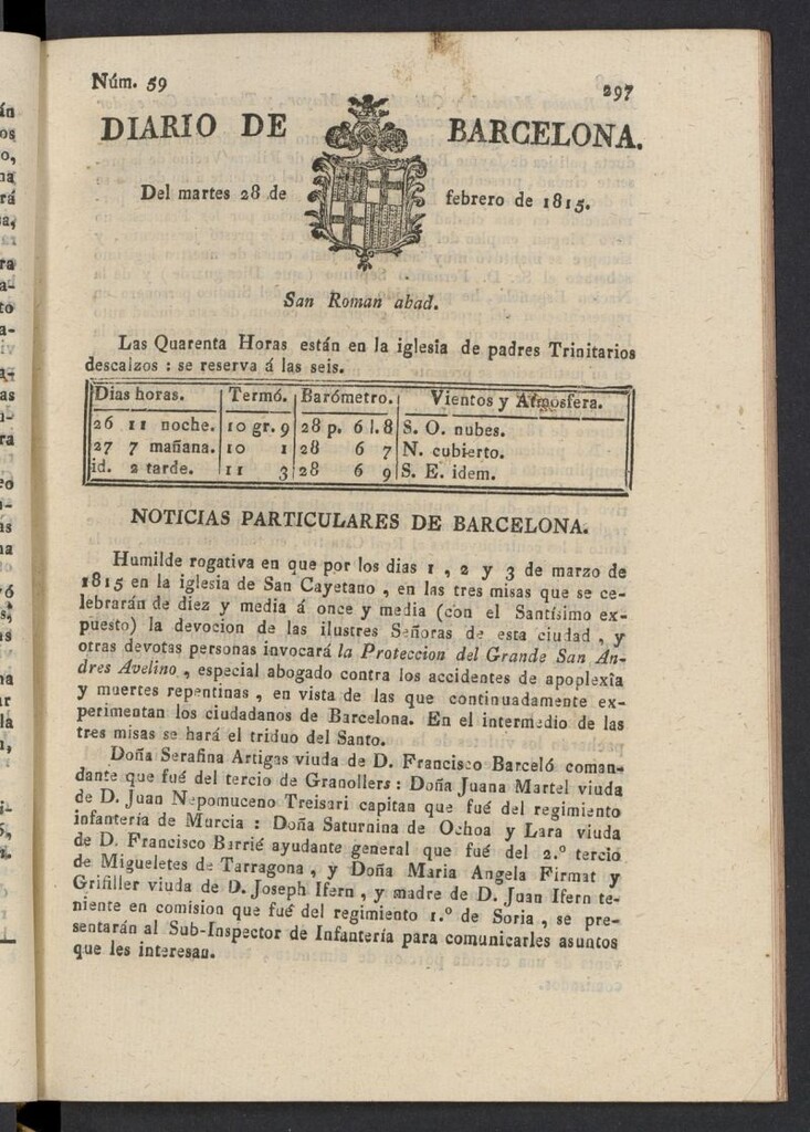 Miniatura de Diario de Barcelona del 28 de febrero de 1815, nº 59