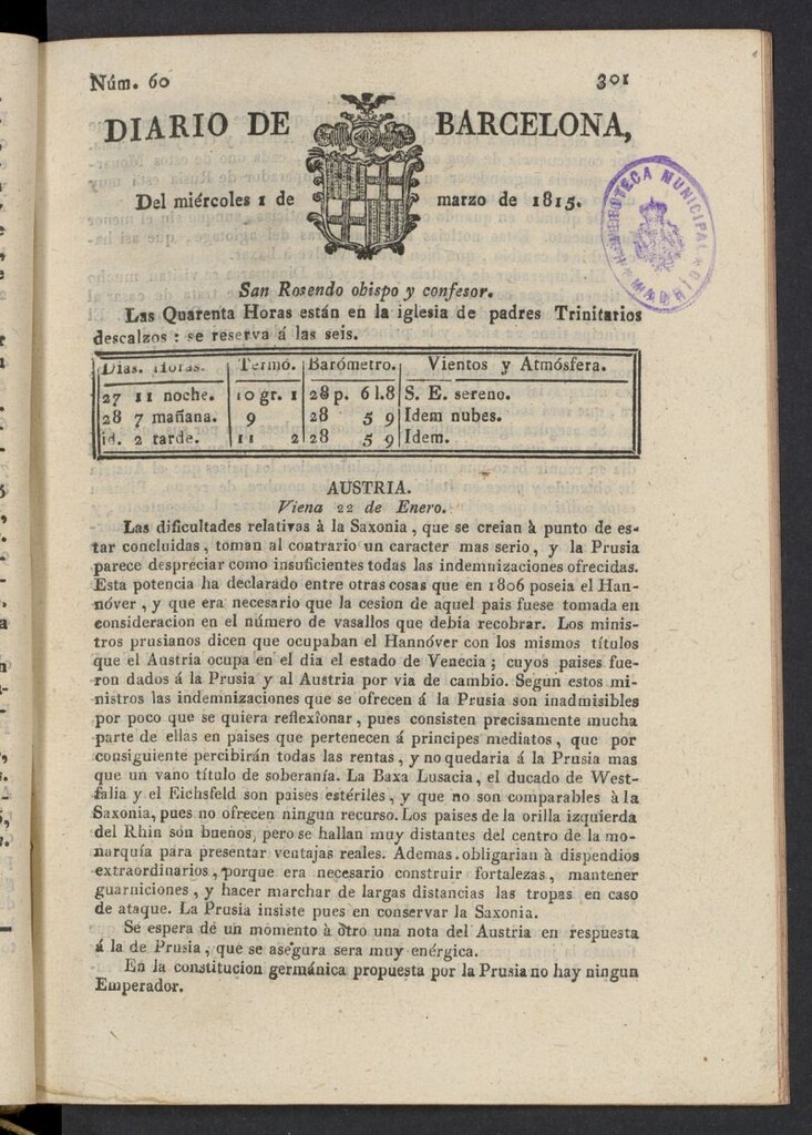 Miniatura de Diario de Barcelona del 1 de marzo de 1815, nº 60