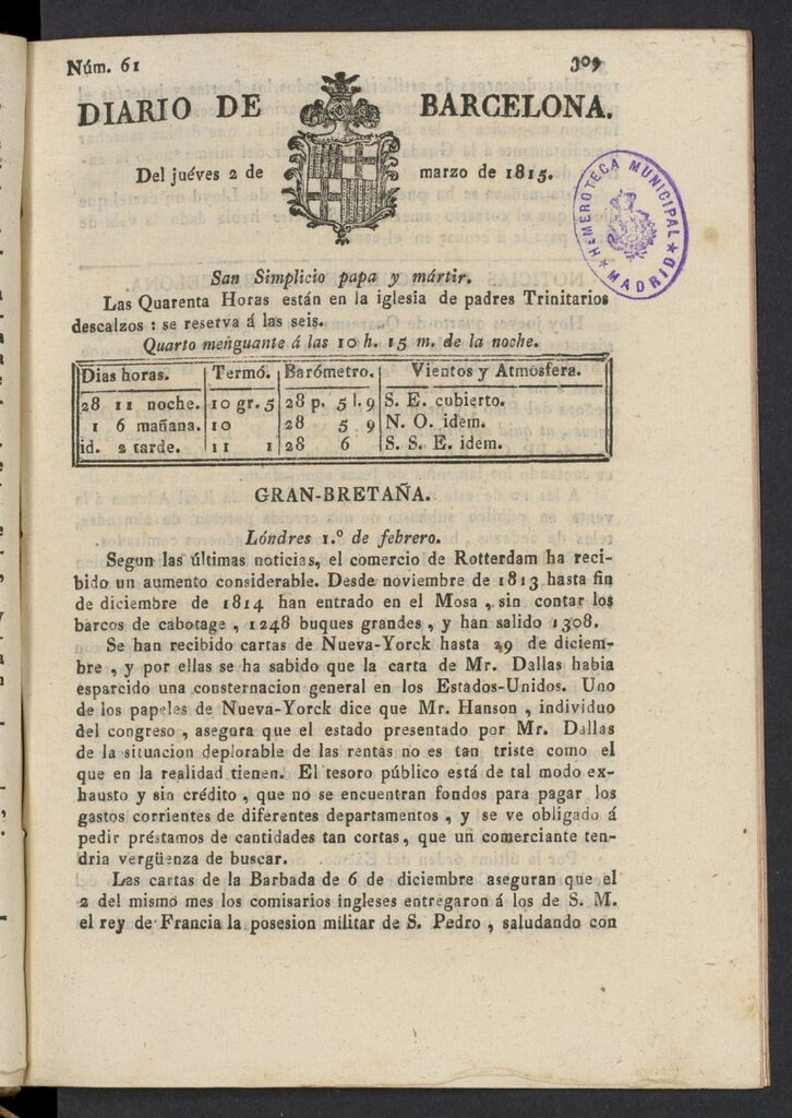 Miniatura de Diario de Barcelona del 2 de marzo de 1815, nº 61
