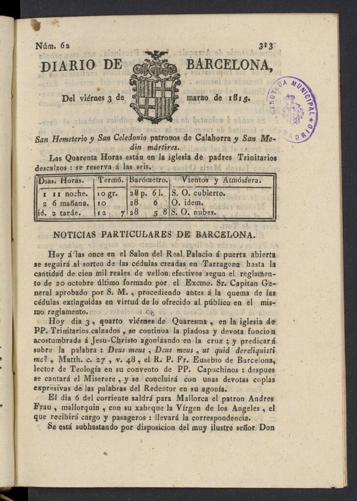 Miniatura de Diario de Barcelona del 3 de marzo de 1815, nº 62