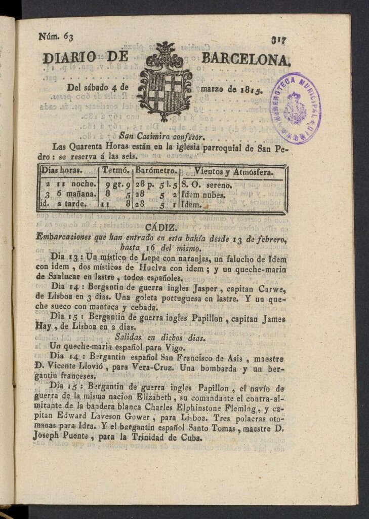Miniatura de Diario de Barcelona del 4 de marzo de 1815, nº 63