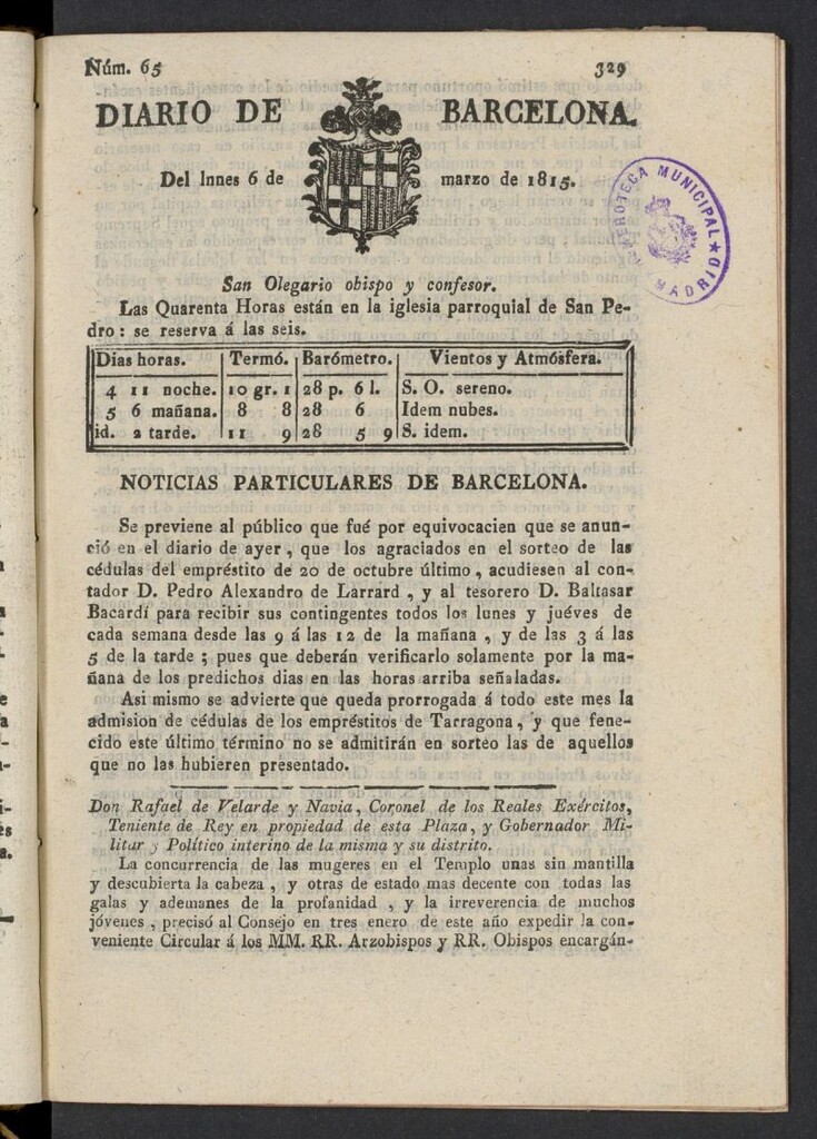 Miniatura de Diario de Barcelona del 6 de marzo de 1815, nº 65