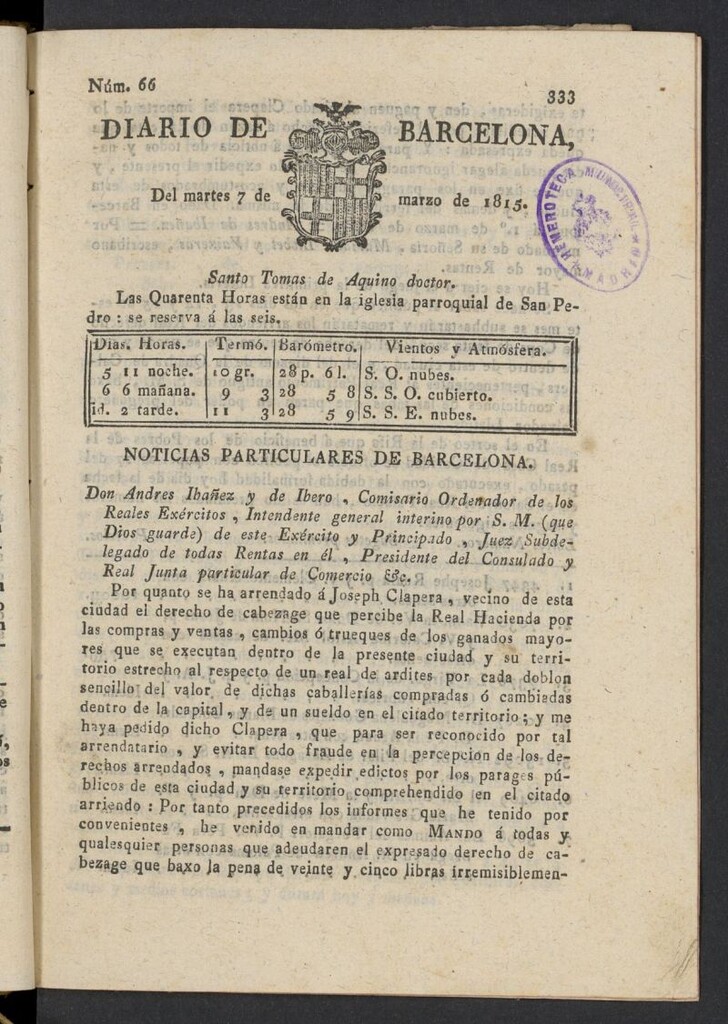 Miniatura de Diario de Barcelona del 7 de marzo de 1815, nº 66