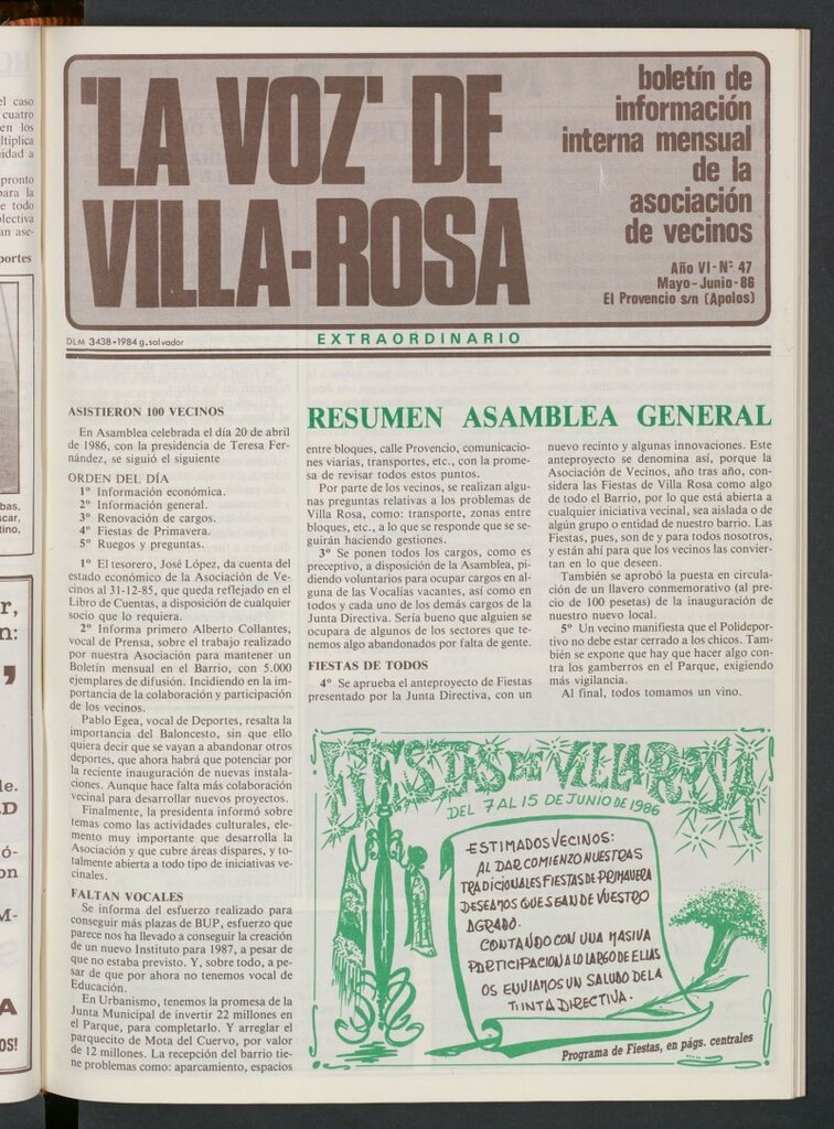 Miniatura de La Voz de Villa-Rosa: boletín informativo mensual de la asociación de vecinos, nº 47 de mayo-junio de 1986