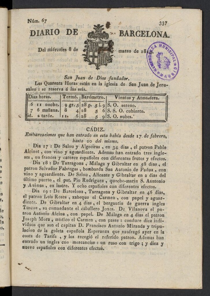 Miniatura de Diario de Barcelona del 8 de marzo de 1815, nº 67