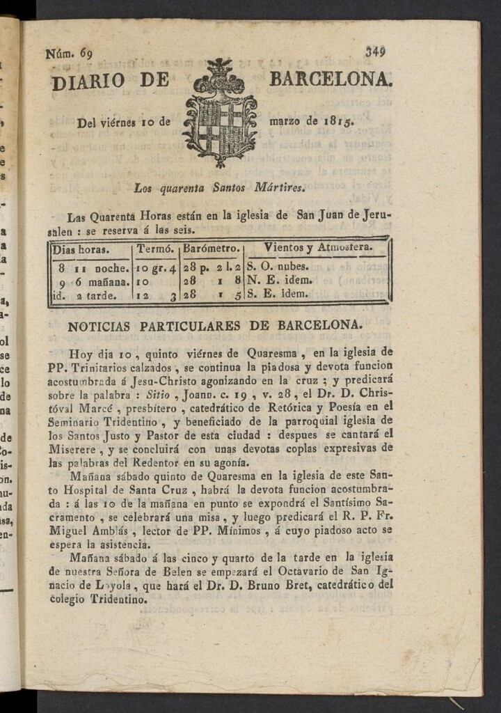 Miniatura de Diario de Barcelona del 10 de marzo de 1815, nº 69